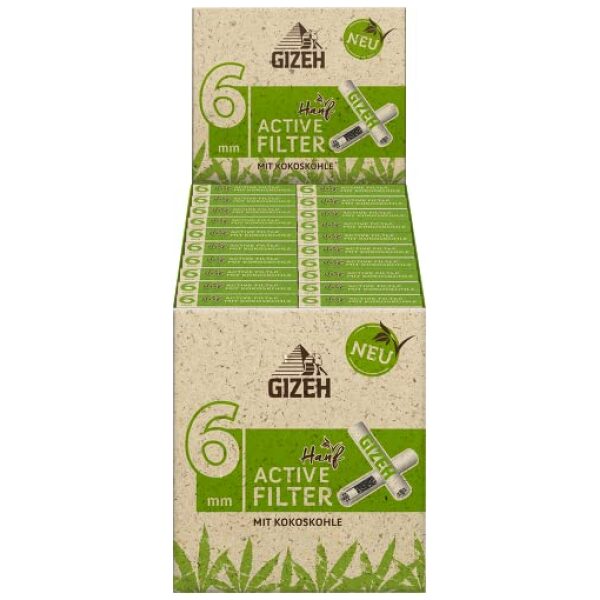 GIZEH Bio Hanf Active Filter mit Aktivkohle, Slim-Format, 6 mm Durchmesser, 10 Stück pro Packung, 4 Boxen (80 Packungen)